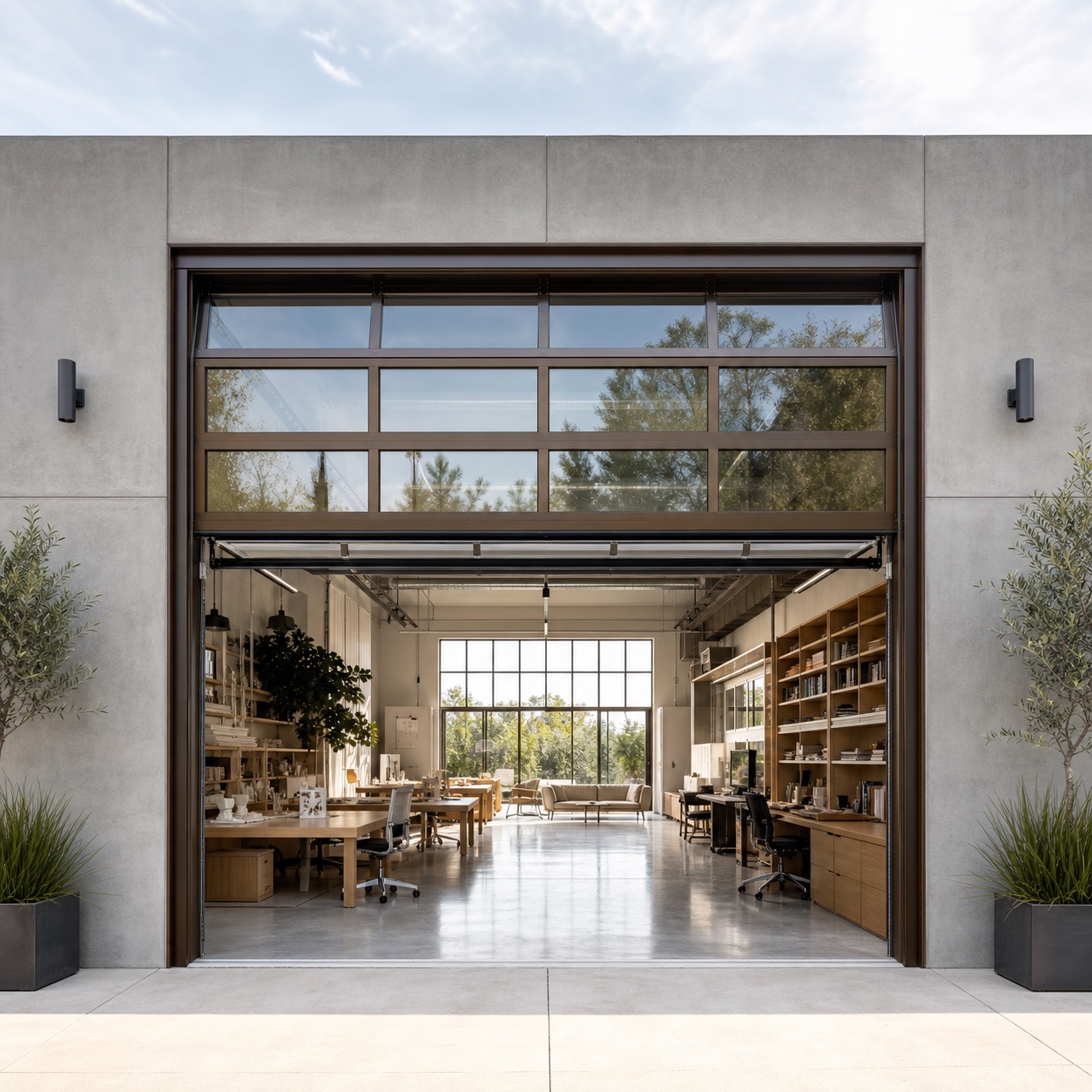 Open glass garage door on a modern office facade open glass garage door on a modern office facade | Sky Rye Design open glass garage door on a modern office facade