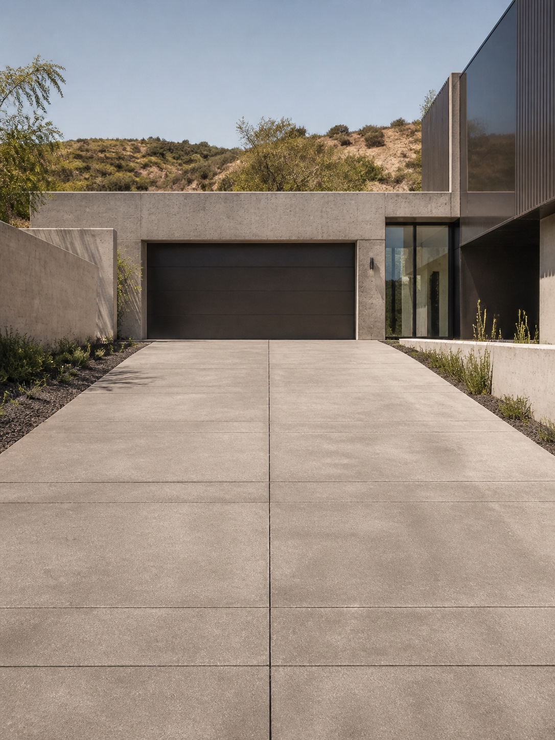 Driveway design idea - Concrete driveway with clean lines Smooth concrete driveway with crisp control joints leading to a modern garage | Sky Rye Design Smooth concrete driveway with crisp control joints leading to a modern garage