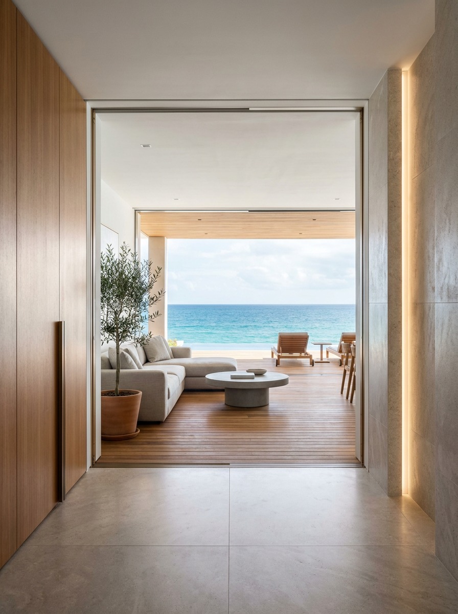 Lanai as the visual anchor in a Hawaiian resort condo Deep teak lanai aligned with an interior hallway and open glass doors toward the ocean horizon. | Sky Rye Design Deep teak lanai aligned with an interior hallway and open glass doors toward the ocean horizon.