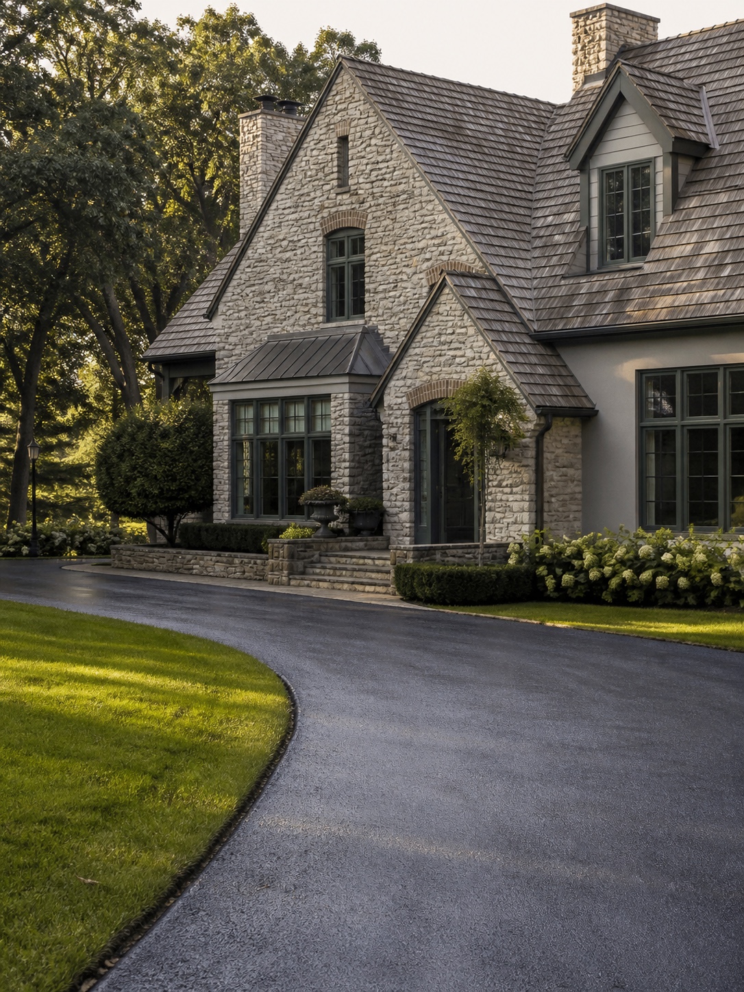 Driveway design idea - Asphalt driveway with defined edges Fresh dark asphalt driveway with clean edges beside a manicured lawn | Sky Rye Design Fresh dark asphalt driveway with clean edges beside a manicured lawn