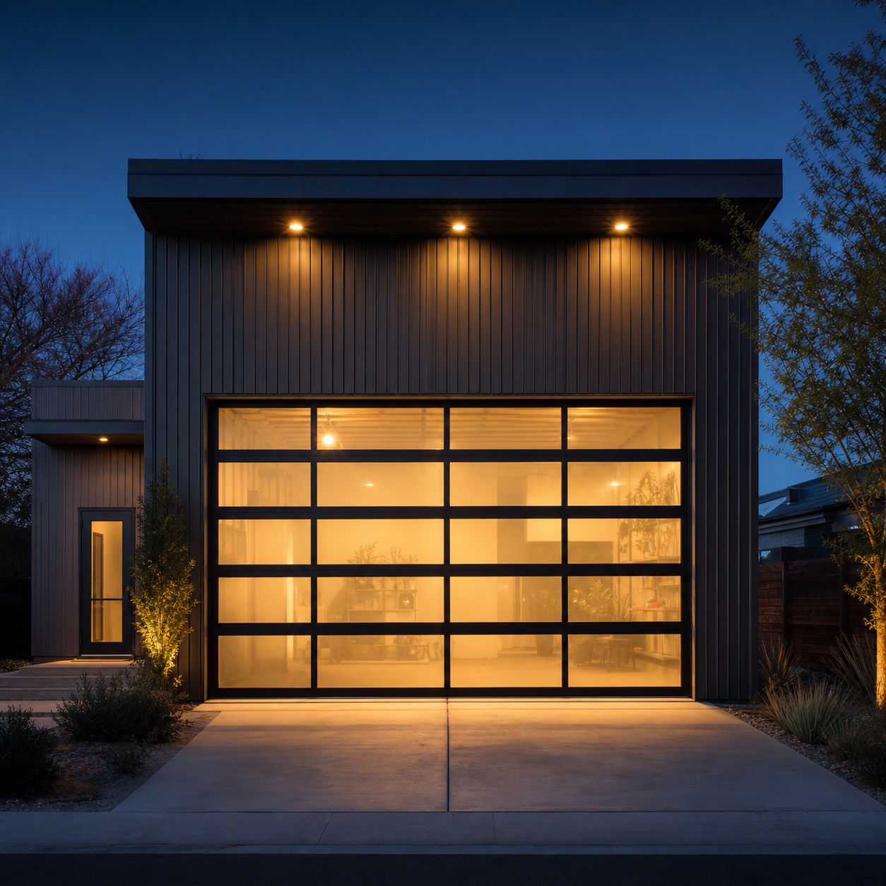 Glass garage door glowing on a studio facade at dusk glass garage door glowing on a studio facade at dusk | Sky Rye Design glass garage door glowing on a studio facade at dusk