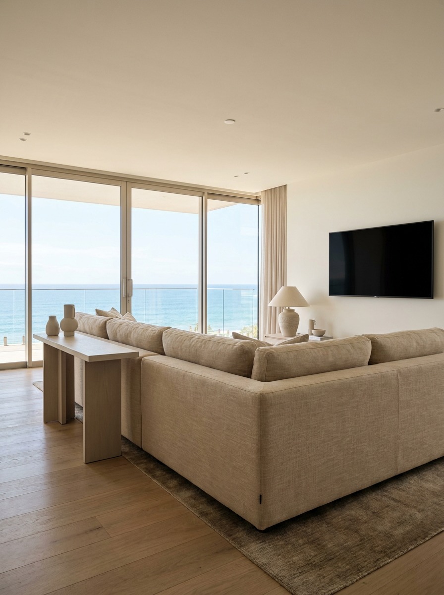 Furniture placement supporting ocean-view sightlines Minimal living room layout with sectional seating angled toward full-height glass doors and an ocean view. | Sky Rye Design Minimal living room layout with sectional seating angled toward full-height glass doors and an ocean view.