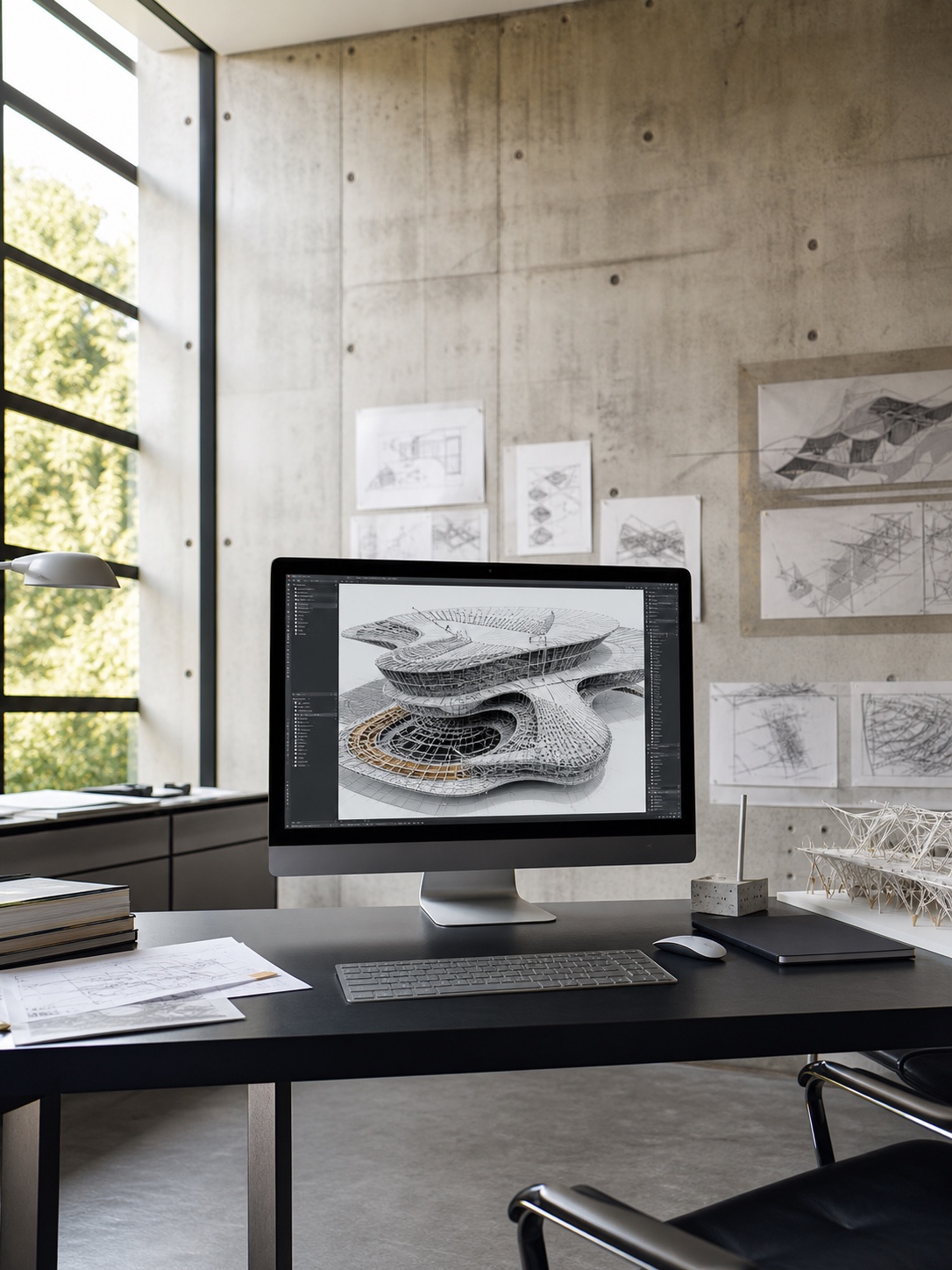 parametric model on a large studio display for an article about artificial intelligence in architecture