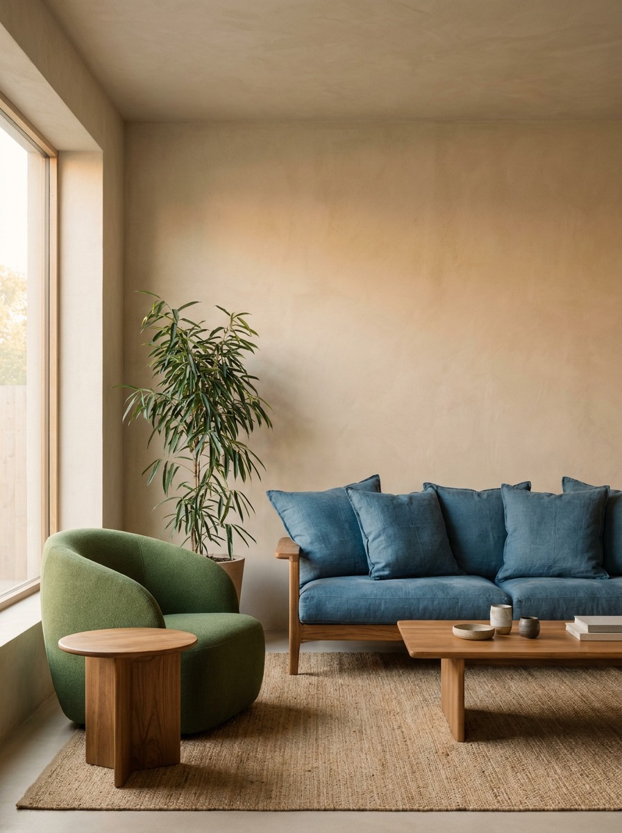 Tropical palette living room with restrained color Refined tropical living room with ocean-blue pillows, sand walls, leaf-green chair, and teak furniture. | Sky Rye Design Refined tropical living room with ocean-blue pillows, sand walls, leaf-green chair, and teak furniture.
