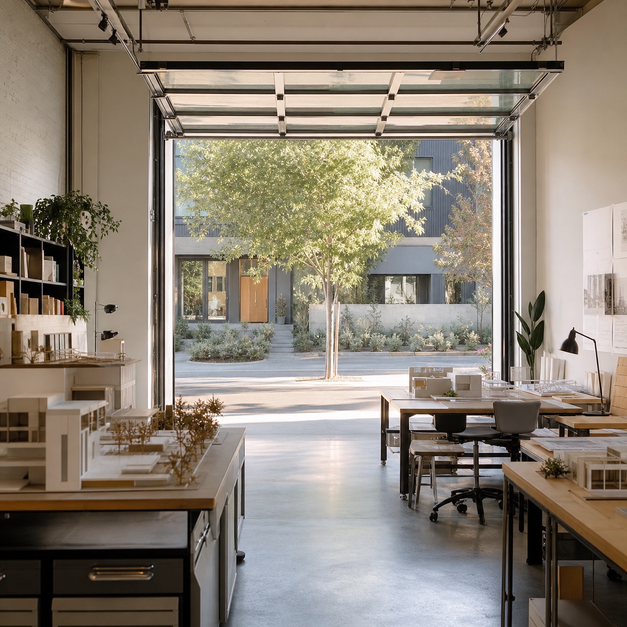 Design studio view through an open glass garage door design studio view through an open glass garage door | Sky Rye Design design studio view through an open glass garage door
