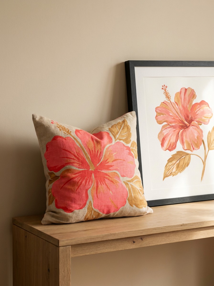 Bold hibiscus accent detail in a neutral interior Neutral console vignette with a hibiscus-print pillow and framed botanical artwork as the main accent. | Sky Rye Design Neutral console vignette with a hibiscus-print pillow and framed botanical artwork as the main accent.