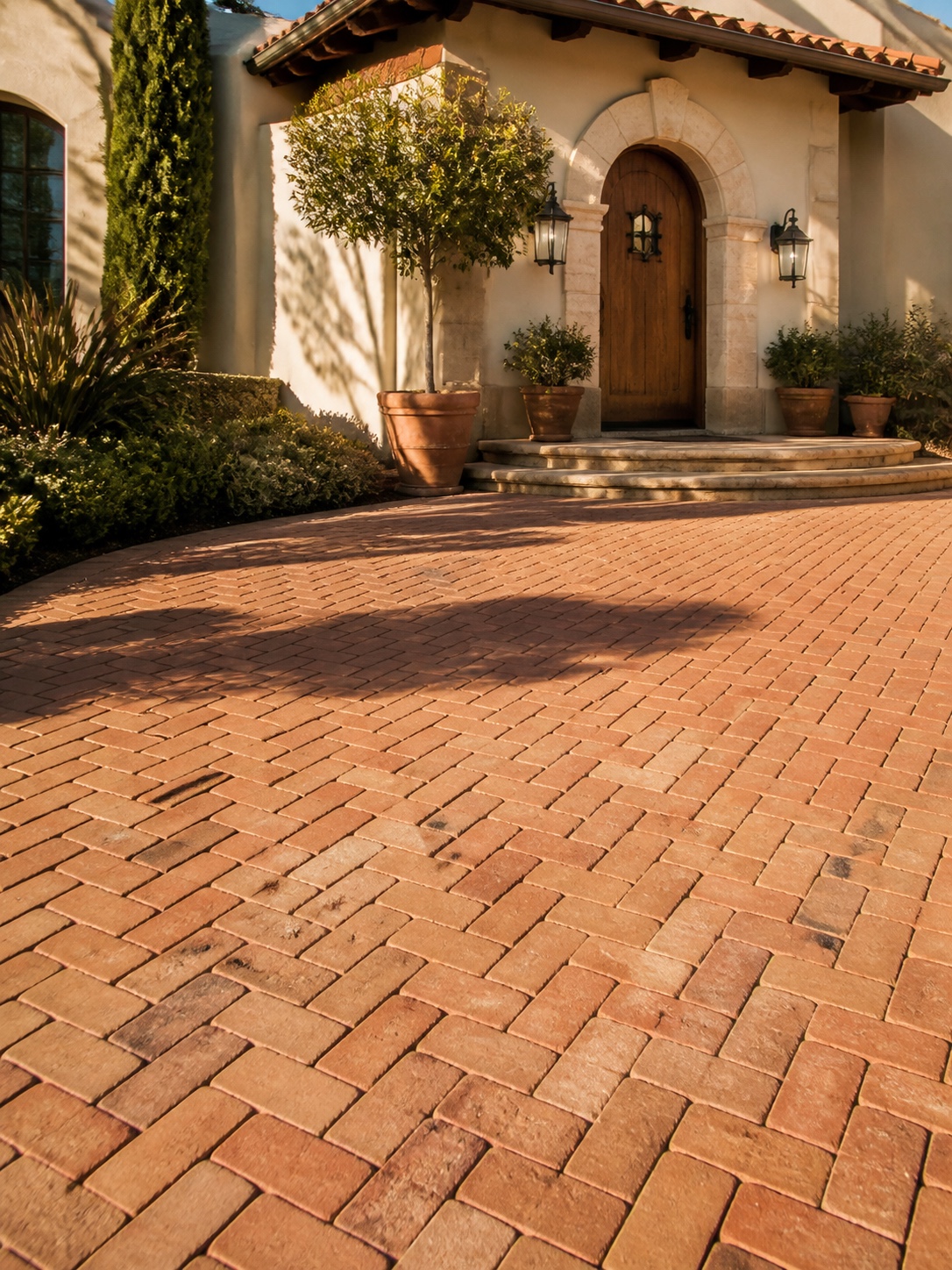 Driveway design idea - Paver driveway pattern detail Warm herringbone paver driveway pattern leading toward a Mediterranean home | Sky Rye Design Warm herringbone paver driveway pattern leading toward a Mediterranean home