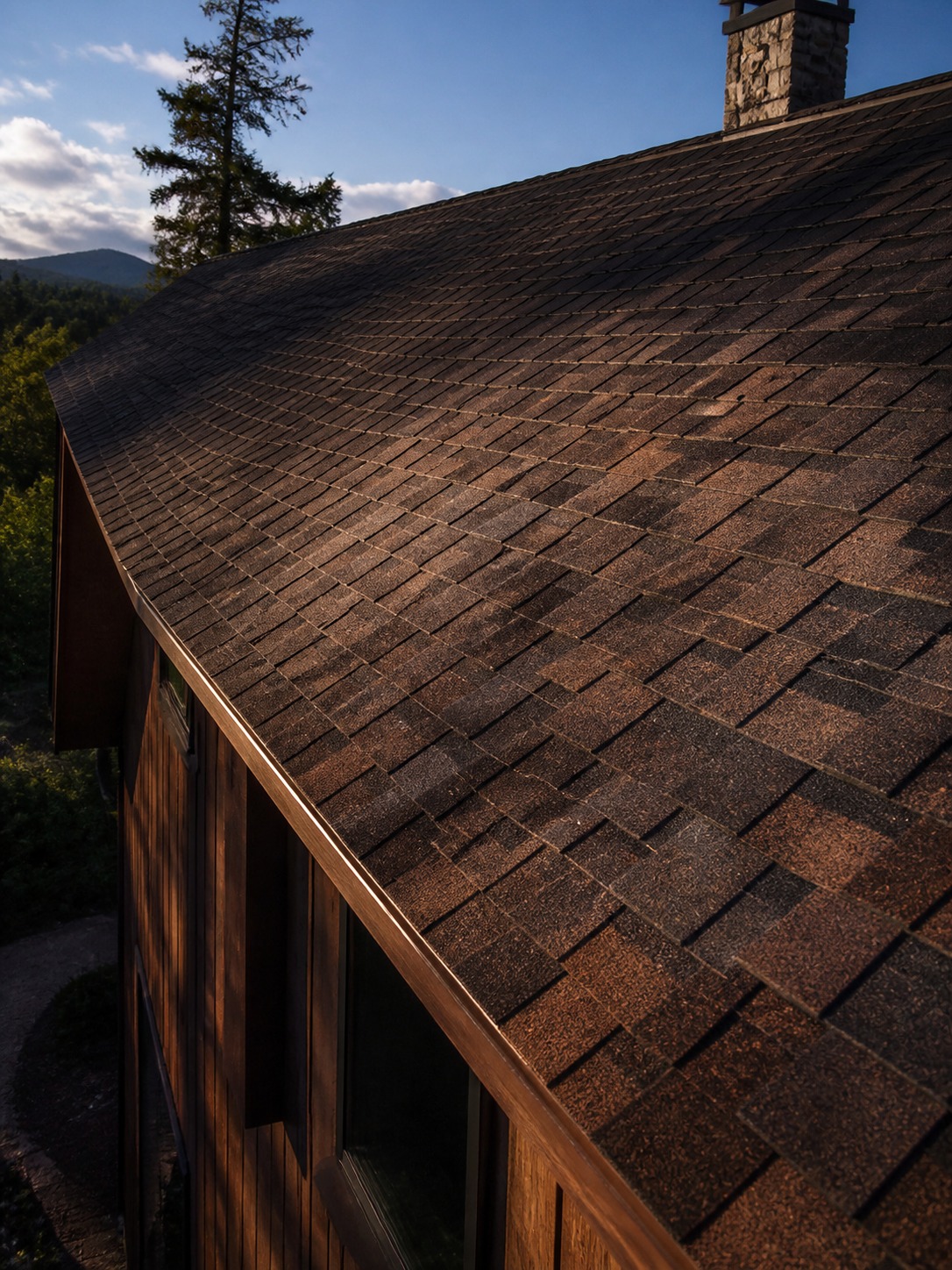 Uneven roof plane and sagging line Low-angle view across a roof plane showing a subtle sagging line and uneven shingle color. | Sky Rye Design Low-angle view across a roof plane showing a subtle sagging line and uneven shingle color.