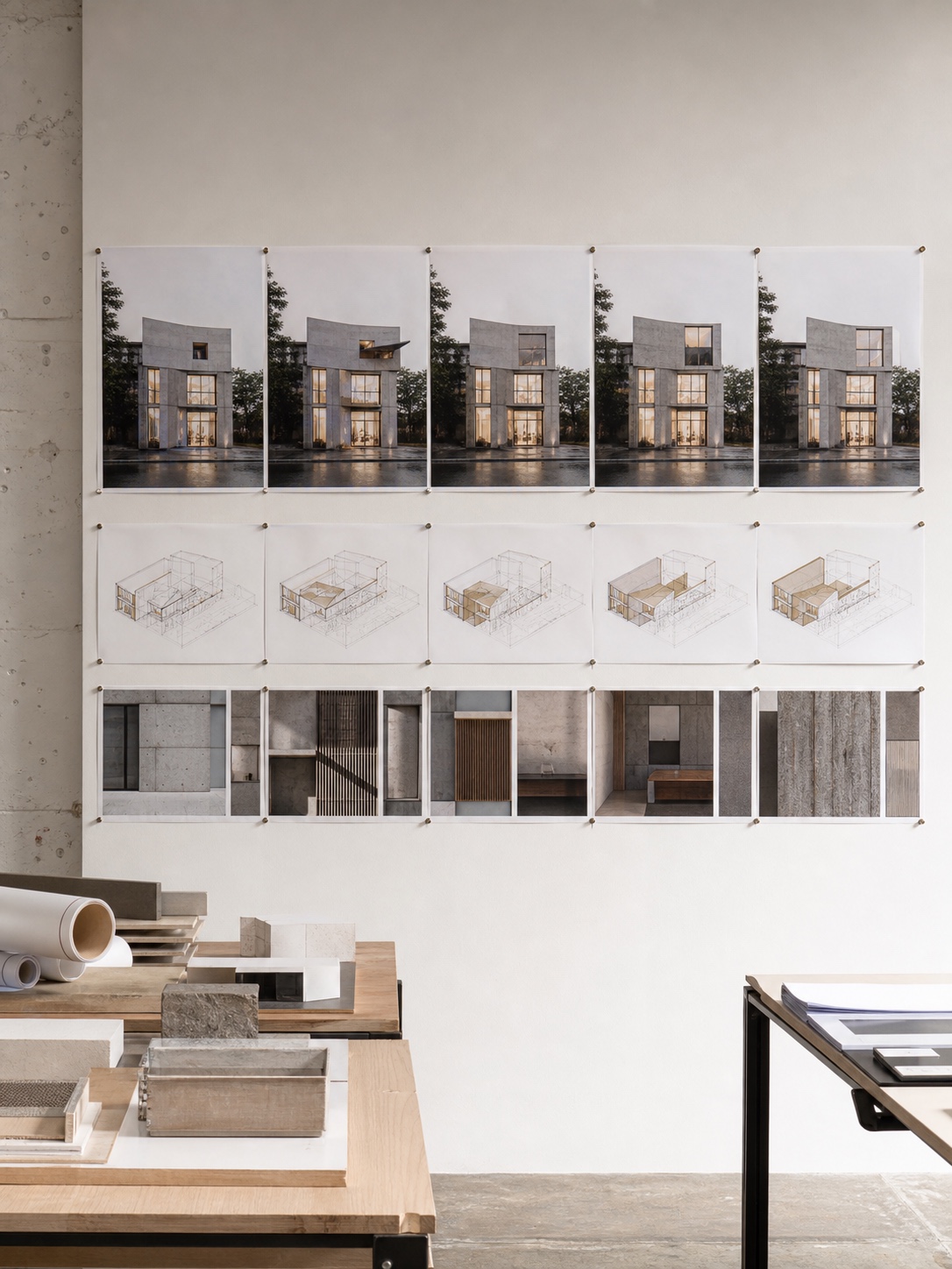 studio workspace with iterative design timeline on wall for an article about artificial intelligence in architecture