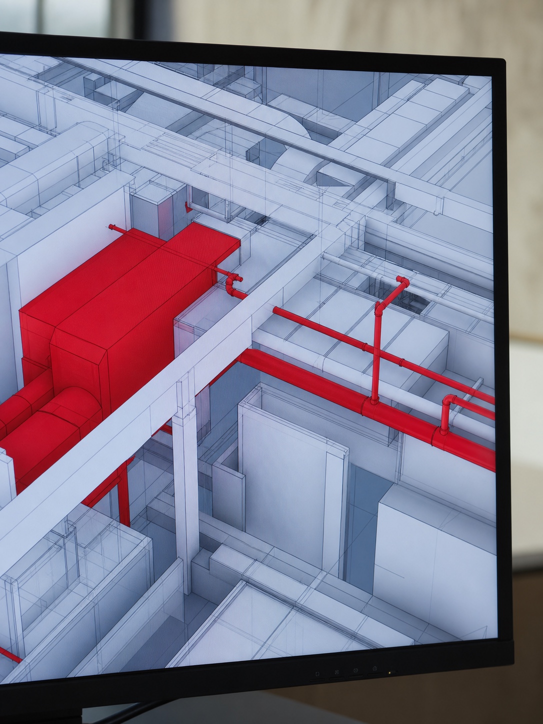 clash detection visualization on screen for an article about artificial intelligence in architecture