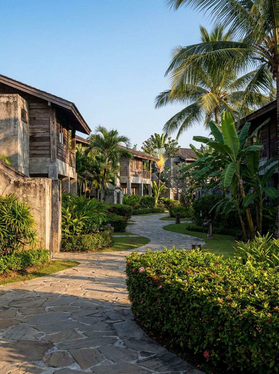 Low-density garden-style Hawaiian resort exterior Low-rise Hawaiian resort buildings set among mature tropical landscaping and stone garden paths. | Sky Rye Design Low-rise Hawaiian resort buildings set among mature tropical landscaping and stone garden paths.