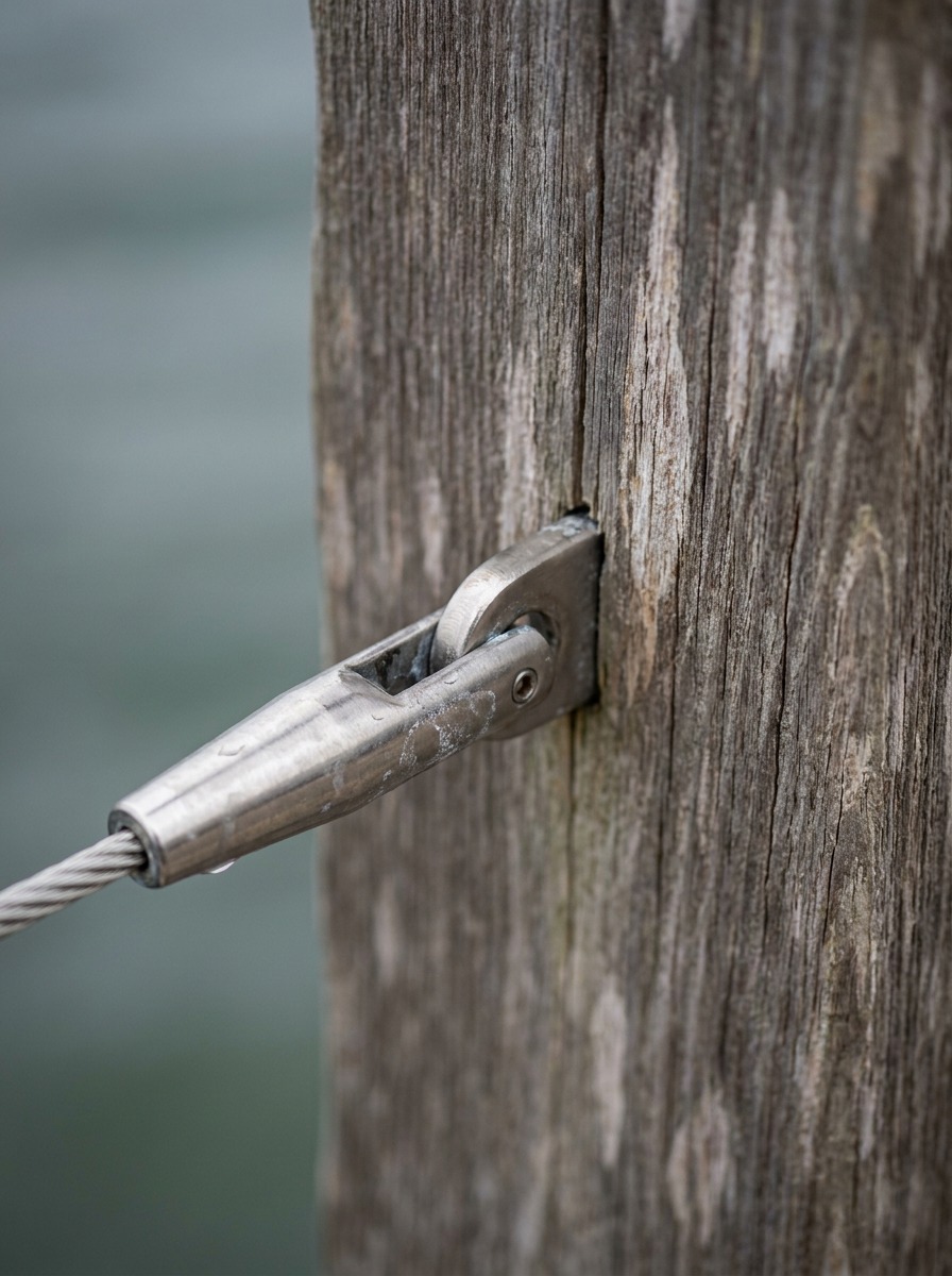 Stainless steel cable rail hardware attached to a weathered wood post Stainless steel cable rail hardware attached to a weathered wood post. | Sky Rye Design Stainless steel cable rail hardware attached to a weathered wood post.
