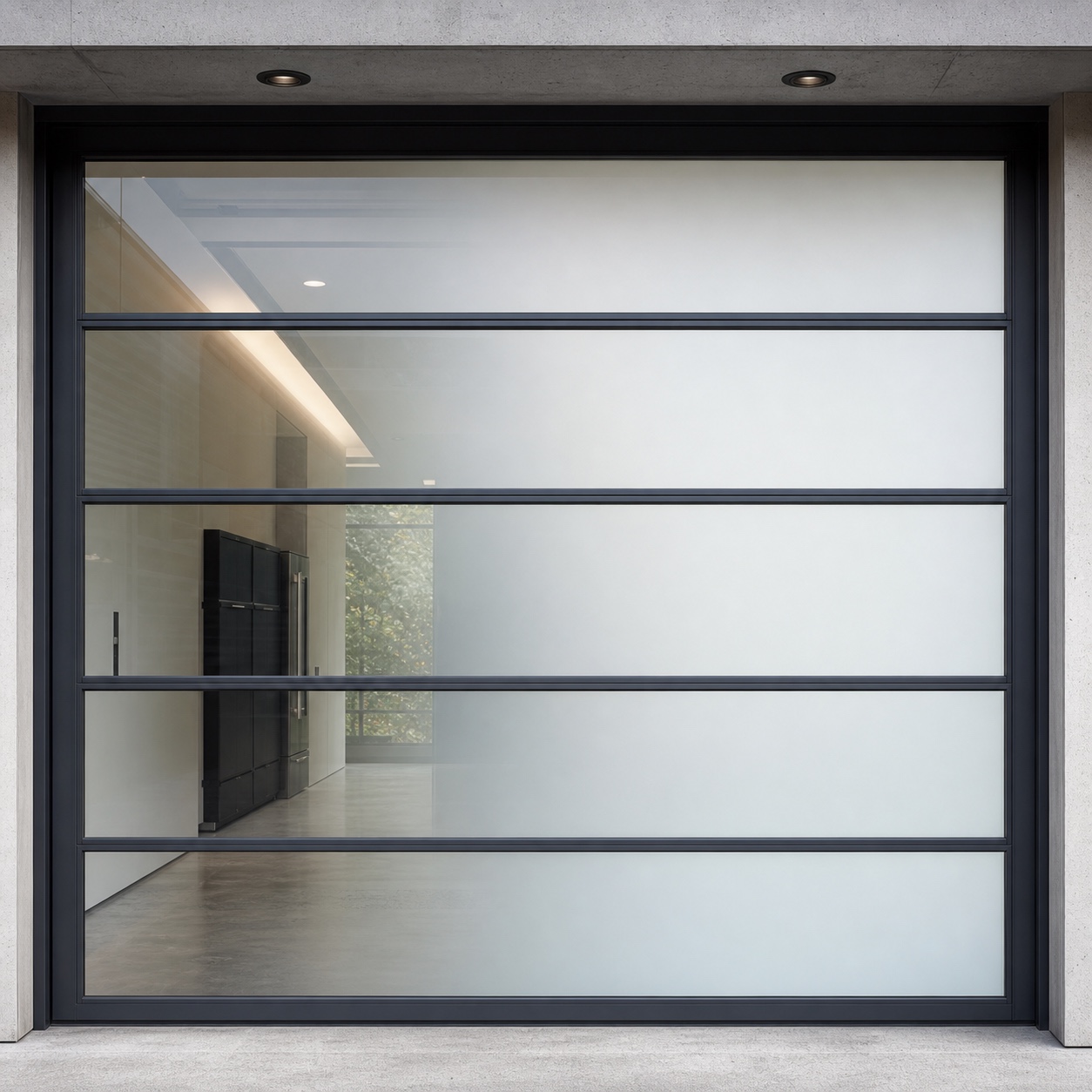 Switchable privacy glass panel on a commercial garage door switchable privacy glass panel on a commercial garage door | Sky Rye Design switchable privacy glass panel on a commercial garage door