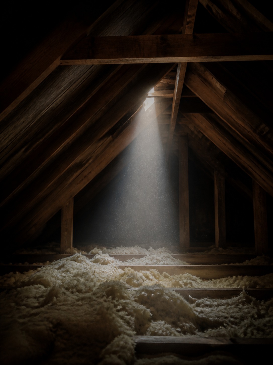 Attic moisture and daylight through roof boards Sunbeam pours through a small opening in the attic, lighting dusty insulation scattered on the wooden floor. | Sky Rye Design Attic framing with a thin beam of daylight showing through a small gap in the roof boards.