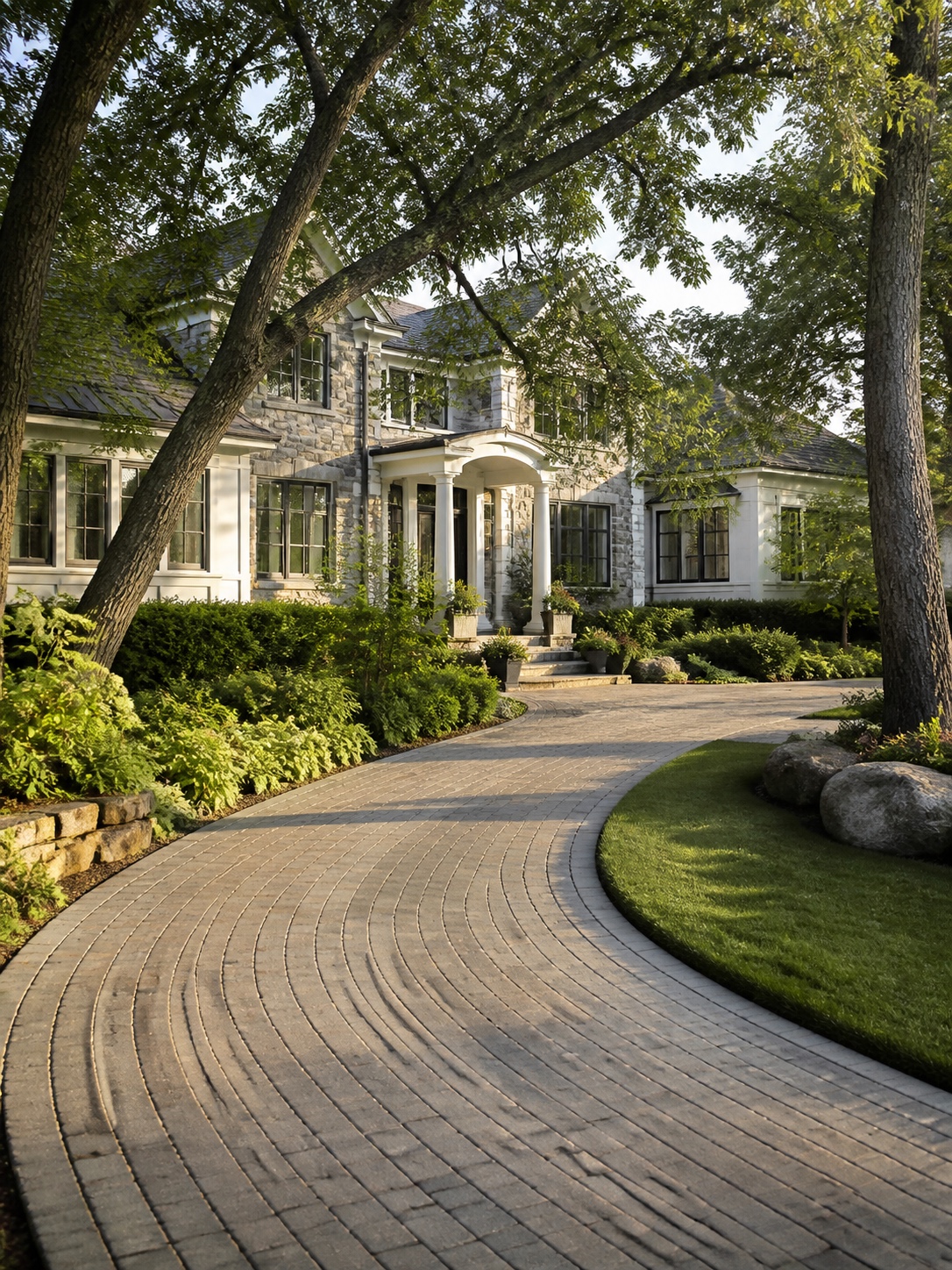 Driveway design idea - Curved driveway softening a larger front yard Curved paver driveway sweeping through a landscaped front yard | Sky Rye Design Curved paver driveway sweeping through a landscaped front yard