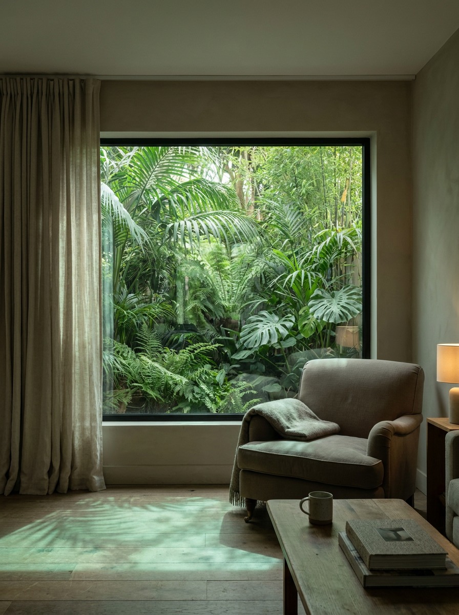 Garden view from a small Hawaiian condo interior Small condo interior washed with filtered green light from a dense tropical garden outside the window. | Sky Rye Design Small condo interior washed with filtered green light from a dense tropical garden outside the window.