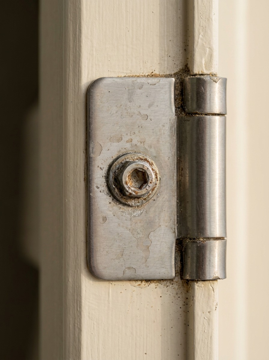 Marine-grade stainless hinge and bolt hardware mounted on painted exterior trim Marine-grade stainless hinge and bolt hardware mounted on painted exterior trim. | Sky Rye Design Marine-grade stainless hinge and bolt hardware mounted on painted exterior trim.
