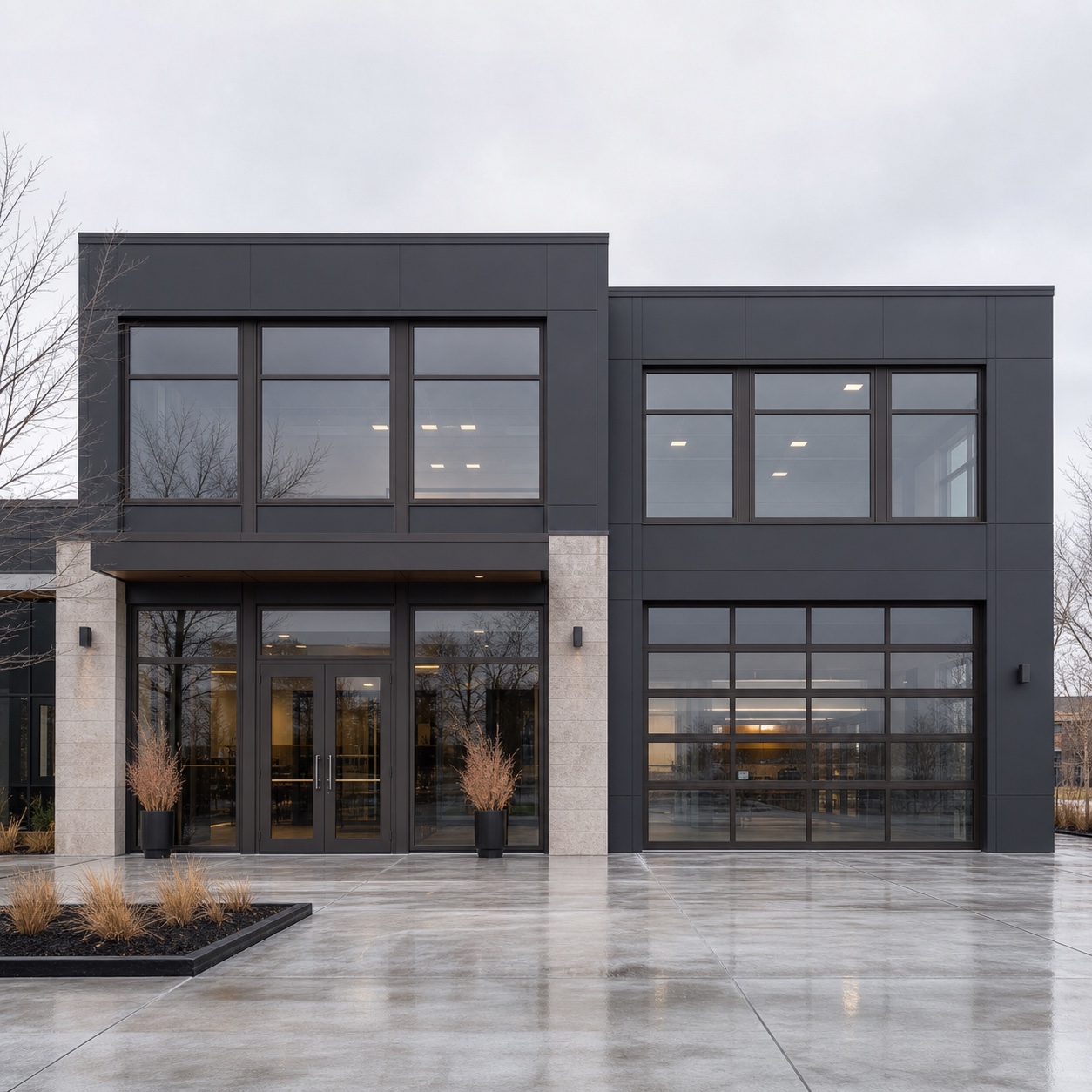 Commercial facade with matching dark frames and glass garage door commercial facade with matching dark frames and a glass garage door | Sky Rye Design commercial facade with matching dark frames and a glass garage door