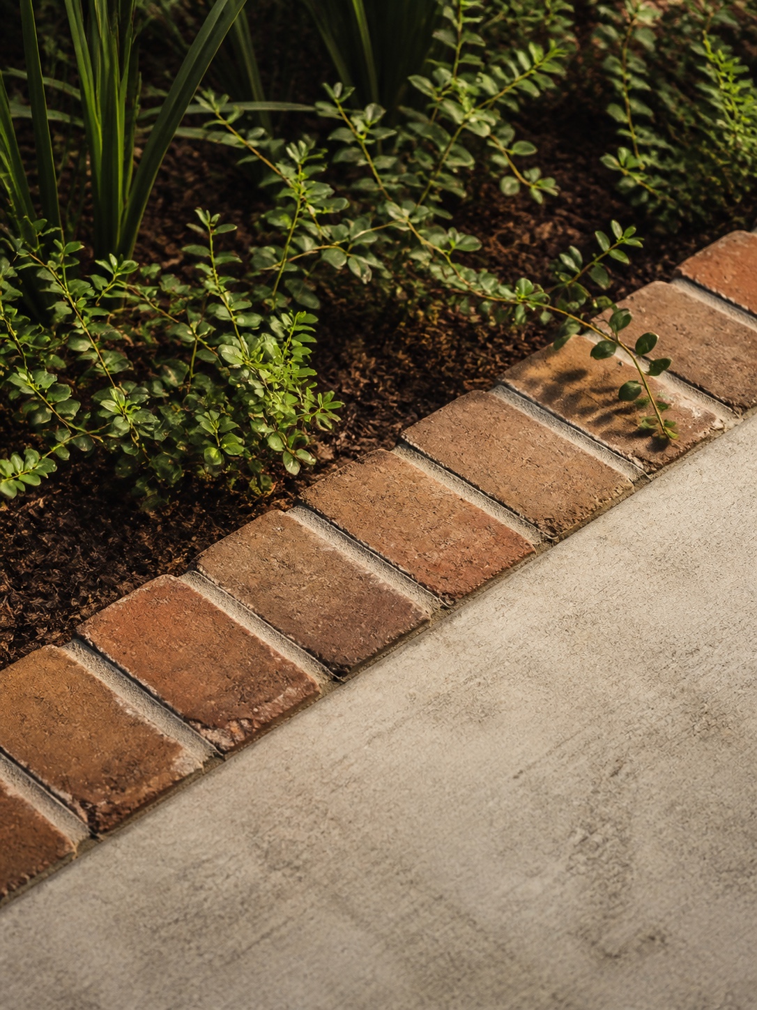 Driveway design idea - Brick and stone border edging detail Brick driveway border meeting concrete beside a small planting bed | Sky Rye Design Brick driveway border meeting concrete beside a small planting bed