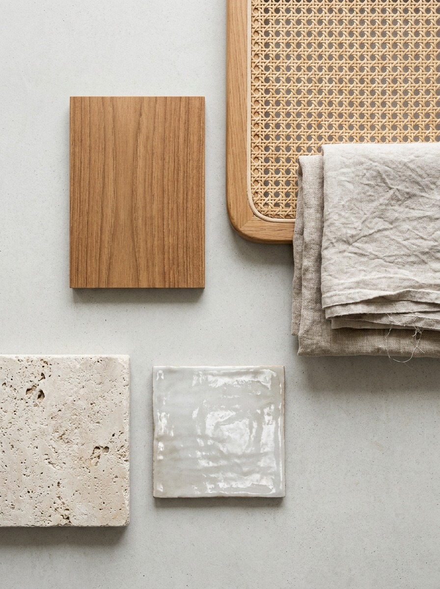 Coastal materials board for Hawaiian interior design Flat lay of rattan, teak, linen, stone, and ceramic tile materials for coastal interiors. | Sky Rye Design Flat lay of rattan, teak, linen, stone, and ceramic tile materials for coastal interiors.