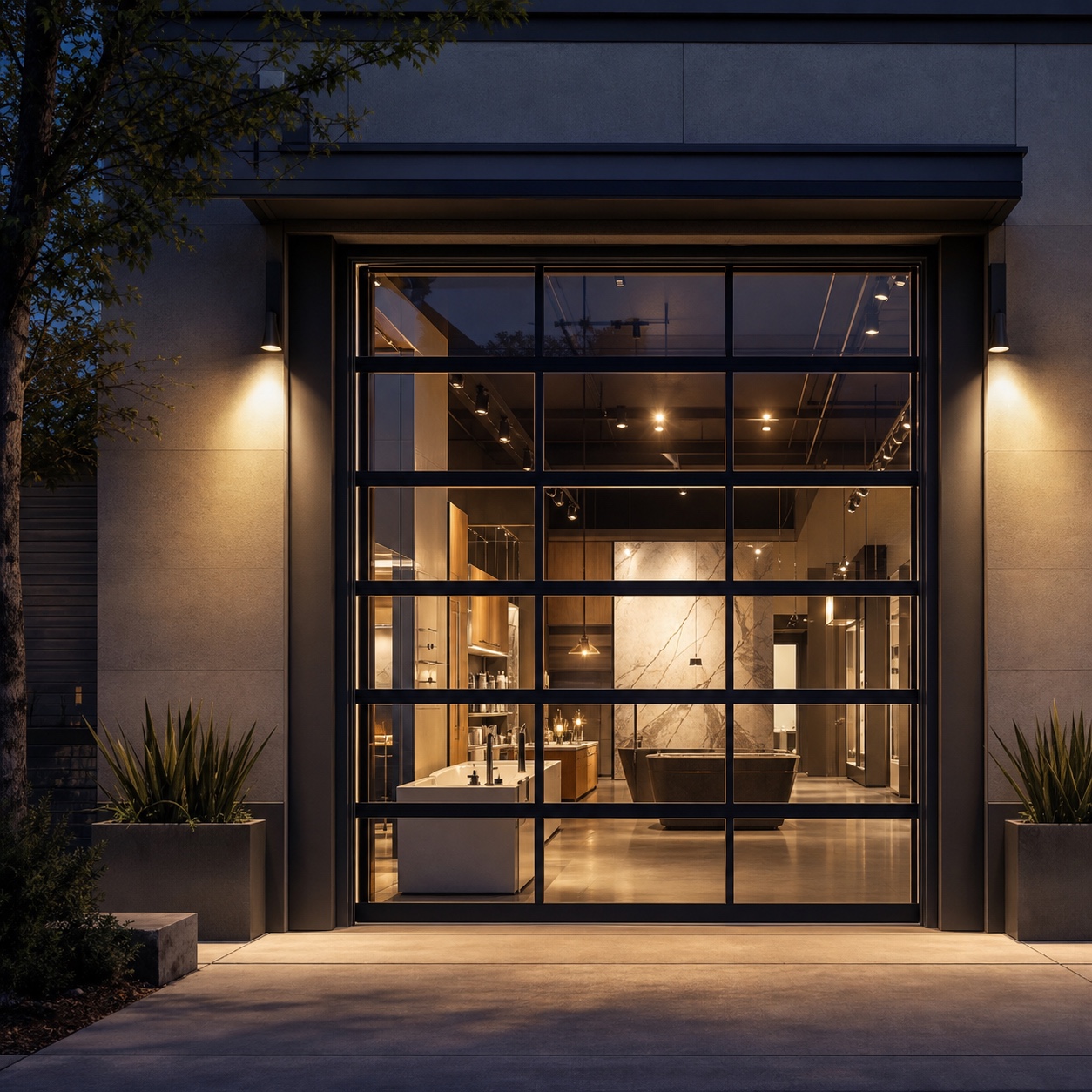 Showroom frontage behind a full-height glass garage door showroom frontage behind a full-height glass garage door | Sky Rye Design showroom frontage behind a full-height glass garage door