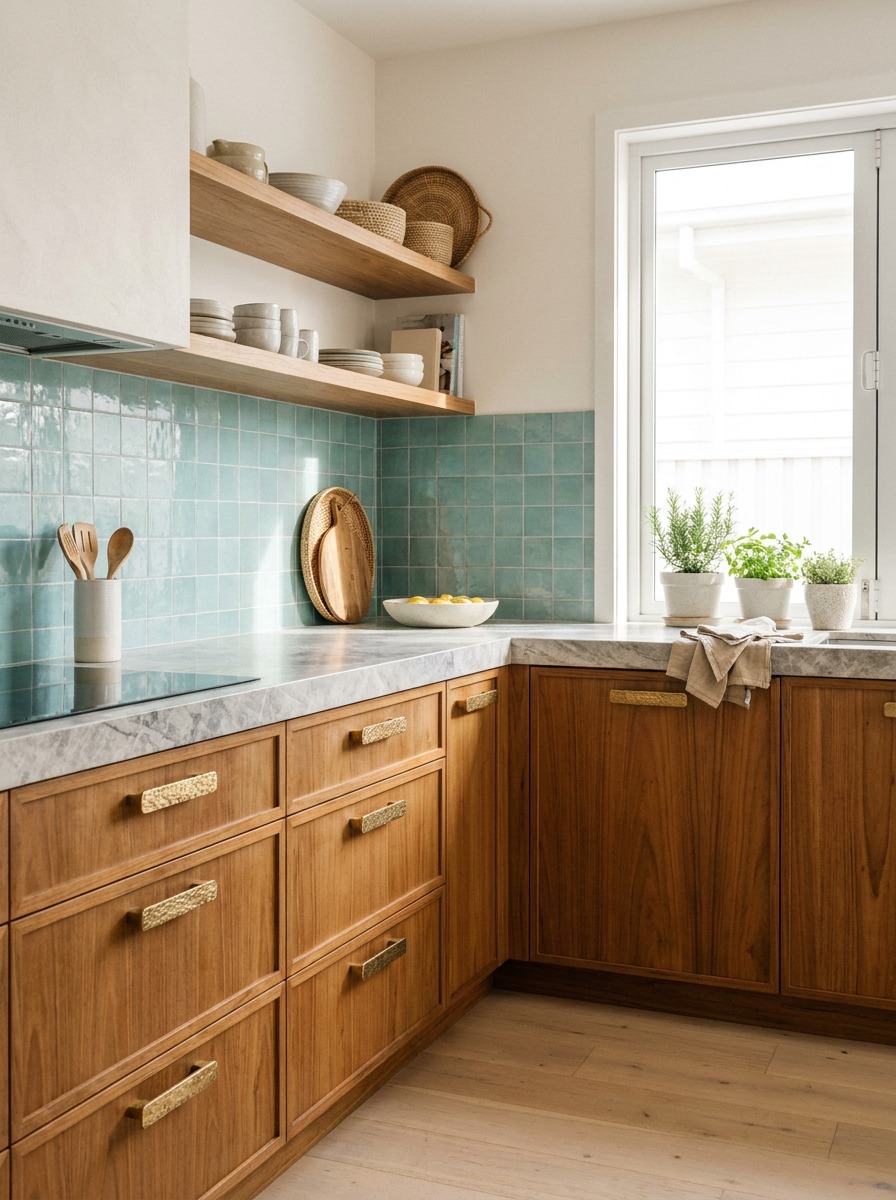 Humid-climate kitchen materials in a coastal condo Modern coastal kitchen with sealed teak cabinetry, stone counters, tile backsplash, and brushed brass hardware. | Sky Rye Design Modern coastal kitchen with sealed teak cabinetry, stone counters, tile backsplash, and brushed brass hardware.