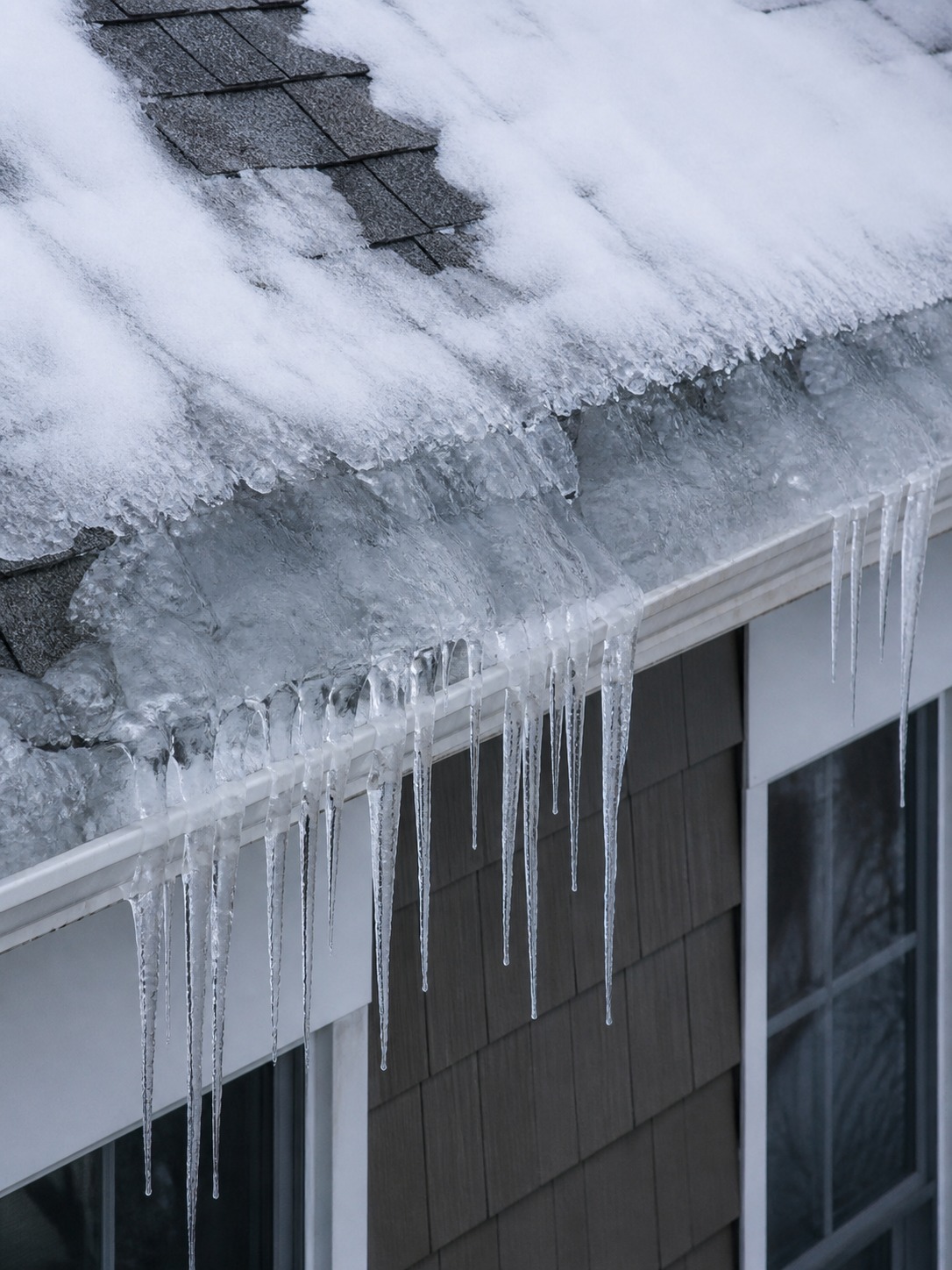 Ice dam detail at the eave Ice dam along a roof eave with icicles hanging from the gutter edge. | Sky Rye Design Ice dam along a roof eave with icicles hanging from the gutter edge.