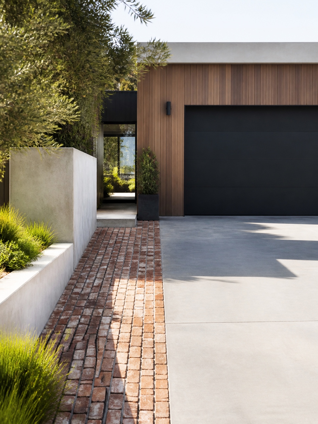 Driveway design idea - Mixed textures concrete with brick accent edge Concrete driveway with a narrow brick accent edge for restrained material contrast | Sky Rye Design Concrete driveway with a narrow brick accent edge for restrained material contrast
