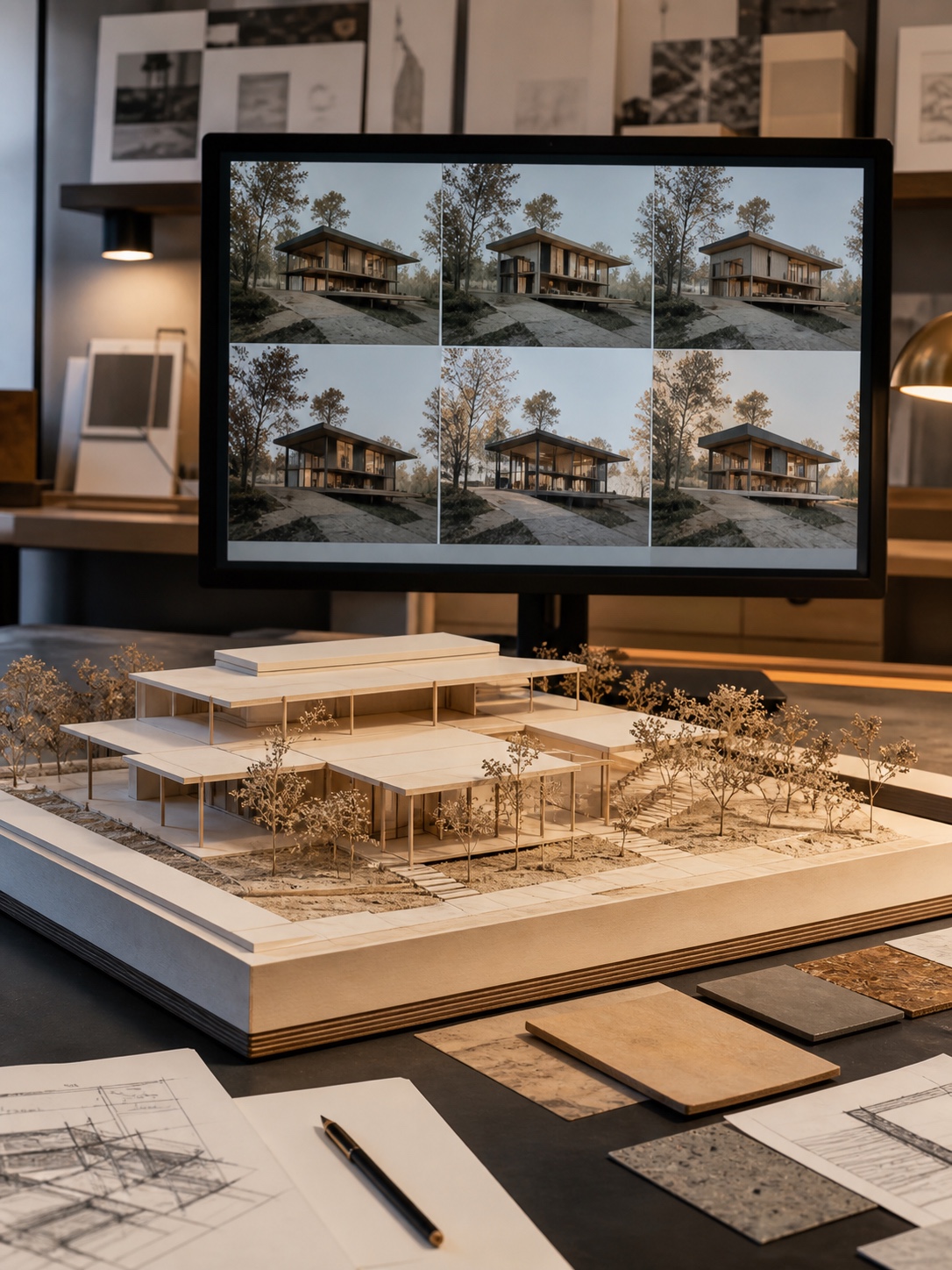 architect making a final judgment call, model and screen for an article about artificial intelligence in architecture