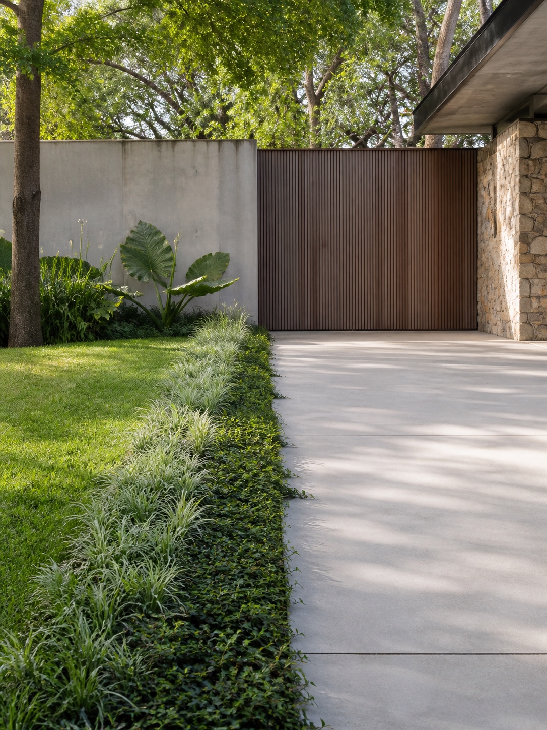 Driveway design idea - Green space strips softening the driveway Concrete driveway softened by a narrow strip of grass and ground cover | Sky Rye Design Concrete driveway softened by a narrow strip of grass and ground cover