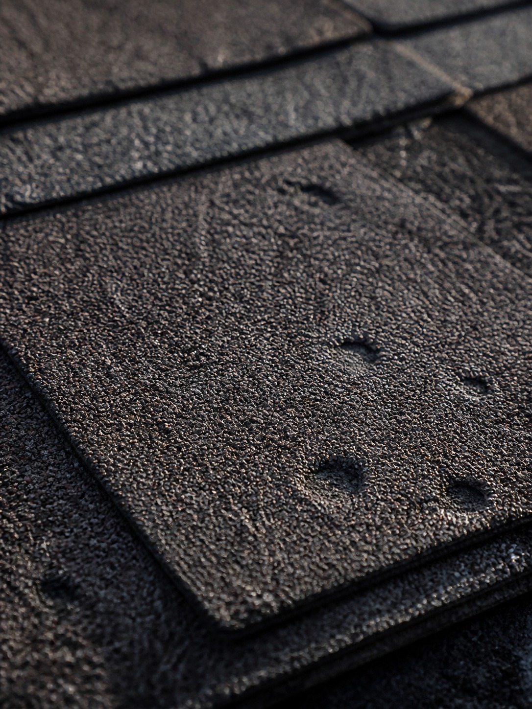 Hail-bruised shingle close-up Macro view of an asphalt shingle with circular hail impact marks and displaced granules. | Sky Rye Design Macro view of an asphalt shingle with circular hail impact marks and displaced granules.