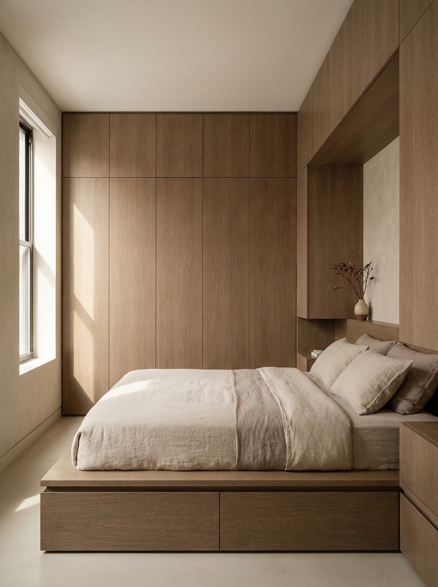 Built-in storage in a compact resort condo bedroom Compact bedroom with flush built-in wall storage and a platform bed with hidden drawers. | Sky Rye Design Compact bedroom with flush built-in wall storage and a platform bed with hidden drawers.