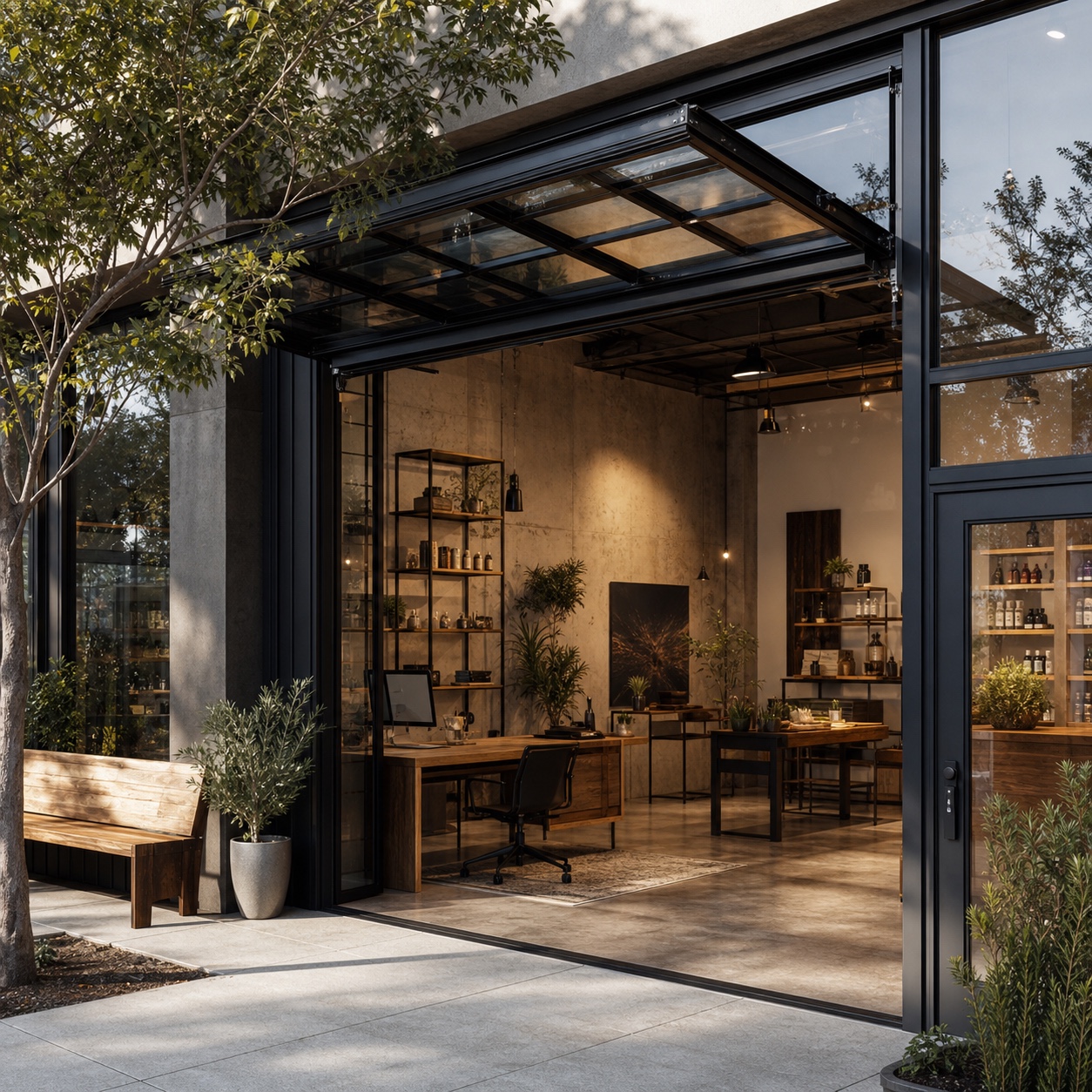 Hybrid office and retail frontage with an open glass garage door hybrid office and retail frontage with an open glass garage door | Sky Rye Design hybrid office and retail frontage with an open glass garage door