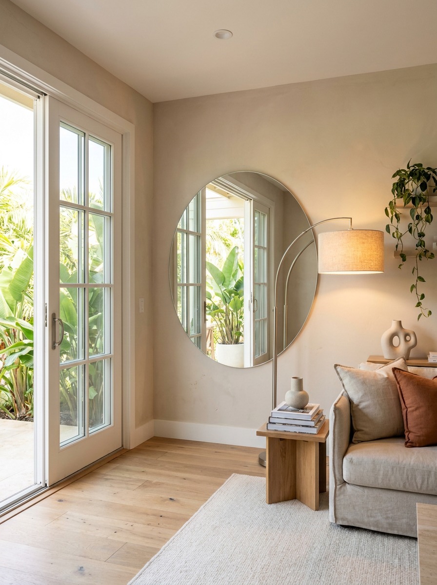 Bright breezy room with mirror and layered lighting Light-filled living space with an open lanai door, floor lamp, and mirror reflecting the window view. | Sky Rye Design Light-filled living space with an open lanai door, floor lamp, and mirror reflecting the window view.