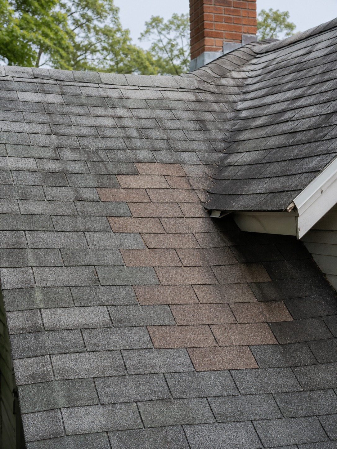 Patched roof section with mismatched shingles Roof section with mismatched shingle colors from a past repair patch. | Sky Rye Design Roof section with mismatched shingle colors from a past repair patch.
