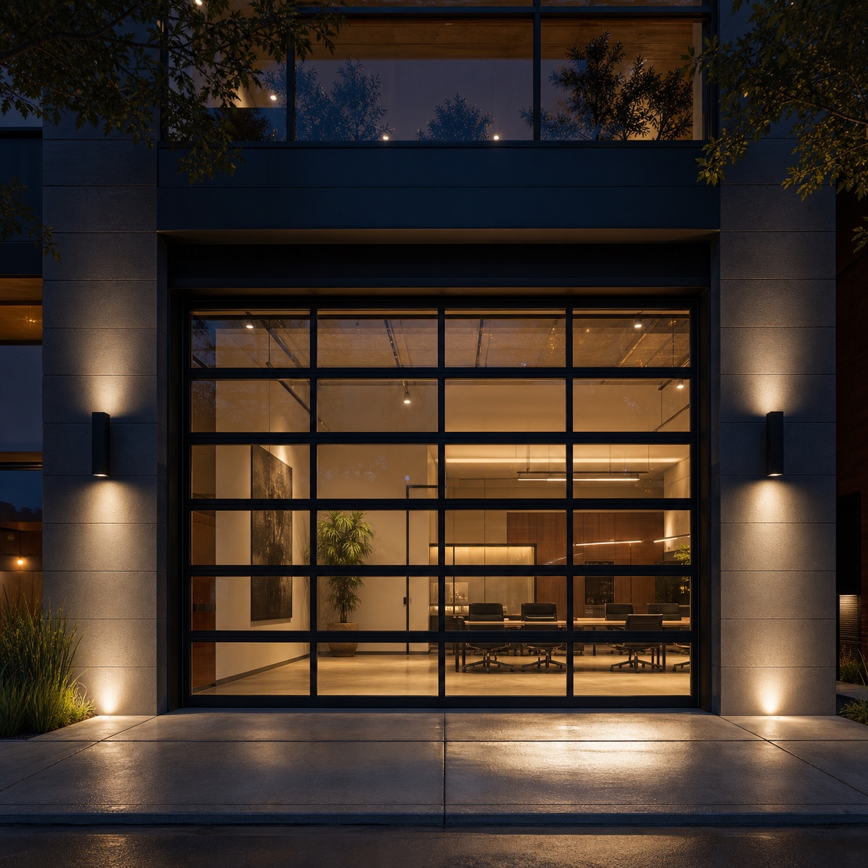 Night office facade with security-lit glass garage door night office facade with security-lit glass garage door | Sky Rye Design night office facade with security-lit glass garage door