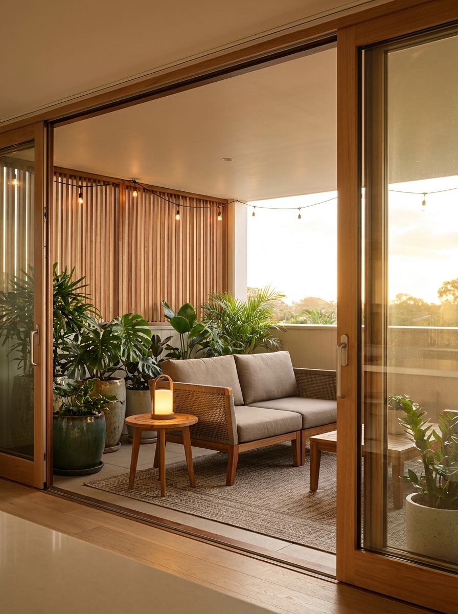Styled lanai designed as an outdoor room Outdoor lanai styled as a second living room with compact seating, teak table, planters, and warm lighting. | Sky Rye Design Outdoor lanai styled as a second living room with compact seating, teak table, planters, and warm lighting.