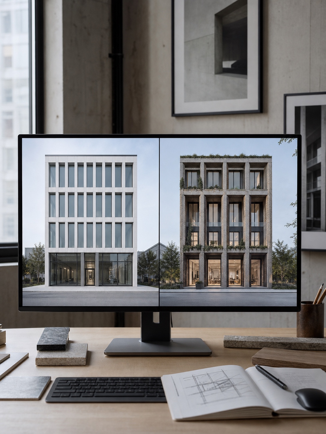 over-optimization risk, bland vs. considered design comparison for an article about artificial intelligence in architecture