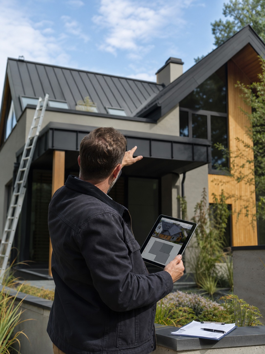 Roof replacement estimate consultation exterior Roofing consultant reviewing a tablet and gesturing toward a modern home roofline. | Sky Rye Design Roofing consultant reviewing a tablet and gesturing toward a modern home roofline.