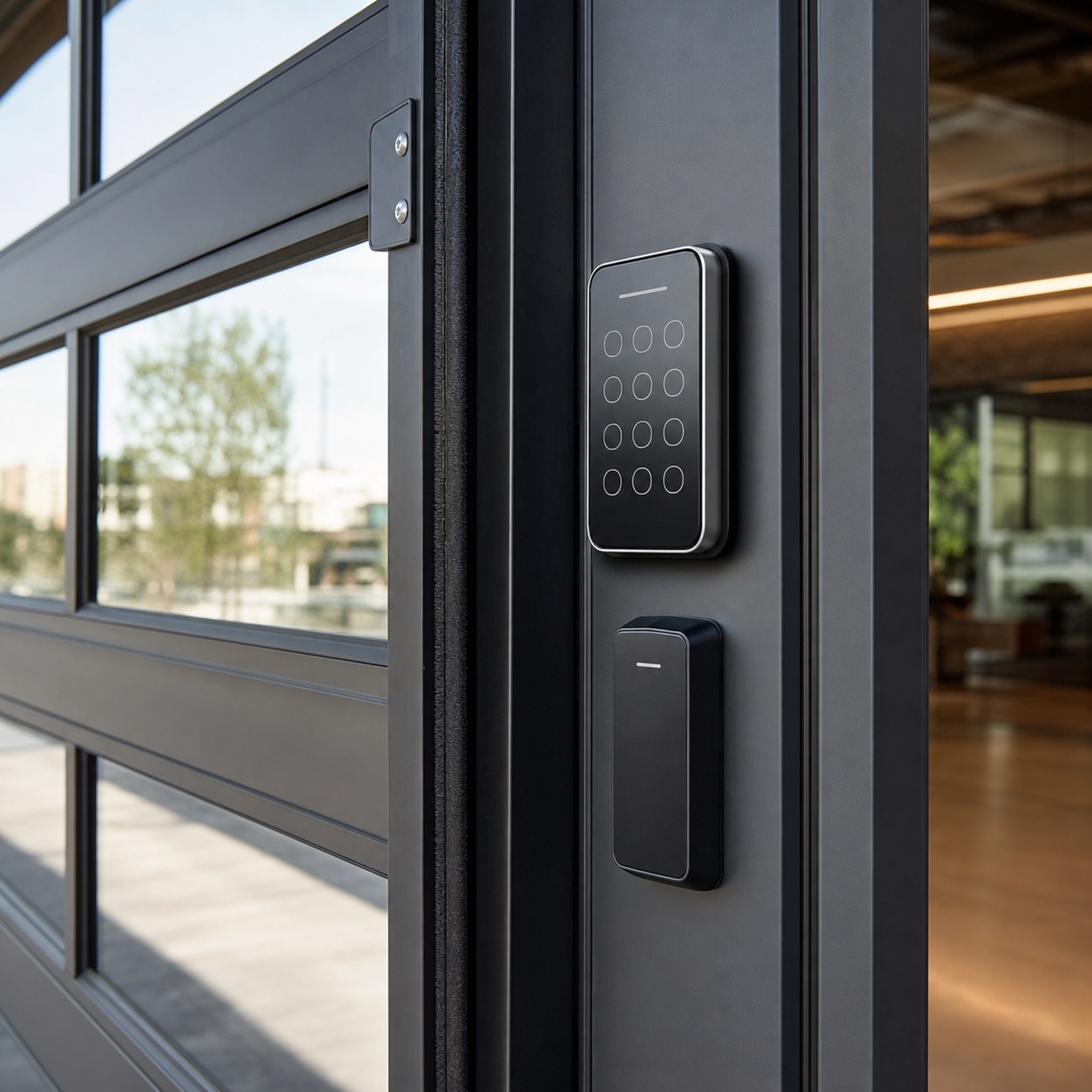 Smart lock and access control beside a glass garage door smart lock with access control beside a glass garage door | Sky Rye Design smart lock with access control beside a glass garage door