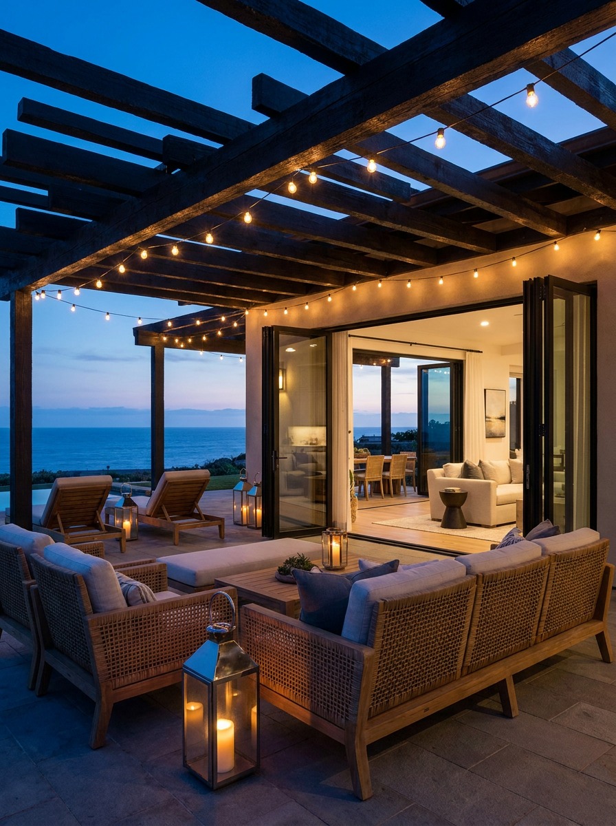 Evening lanai mood with warm lights and ocean horizon Dusk lanai seating area with string lights, lantern glow, open glass doors, and ocean horizon beyond. | Sky Rye Design Dusk lanai seating area with string lights, lantern glow, open glass doors, and ocean horizon beyond.