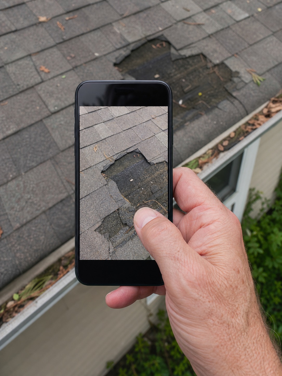 Documentation photographing roof damage Hand holding a smartphone to photograph a damaged shingled roof with a large hole on top of a house gutter line | Sky Rye Design Hand holding a smartphone to photograph damaged roof shingles for documentation.