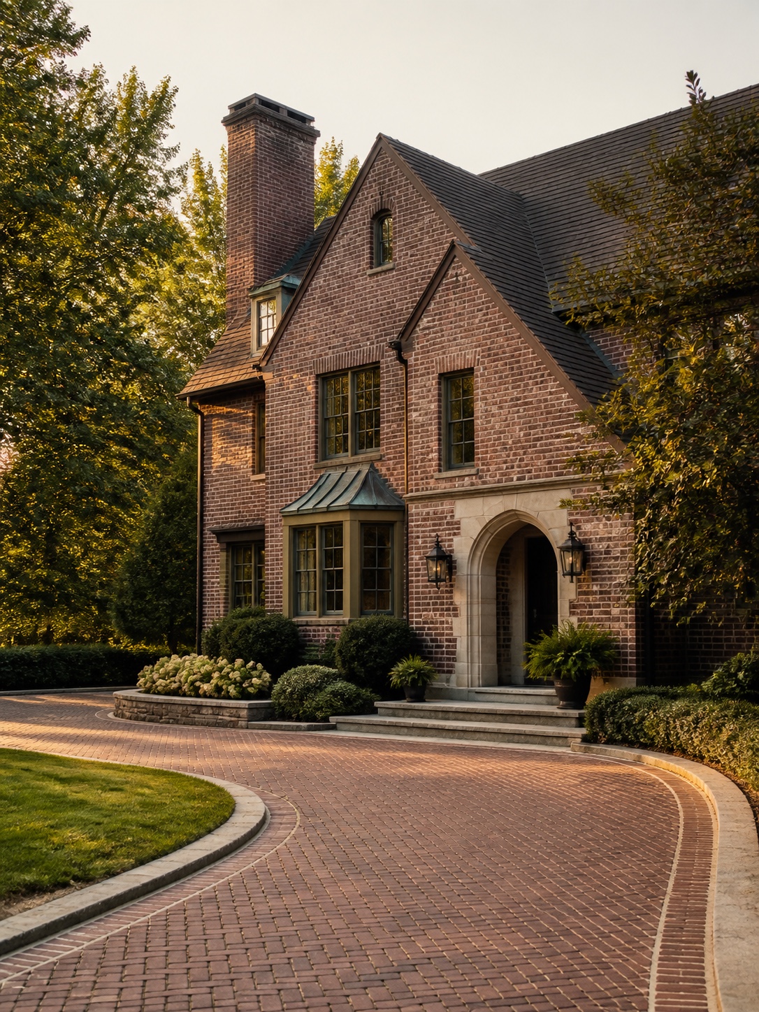 Driveway design idea - Traditional home driveway match Traditional brick home with a brick-bordered driveway echoing the facade | Sky Rye Design Traditional brick home with a brick-bordered driveway echoing the facade