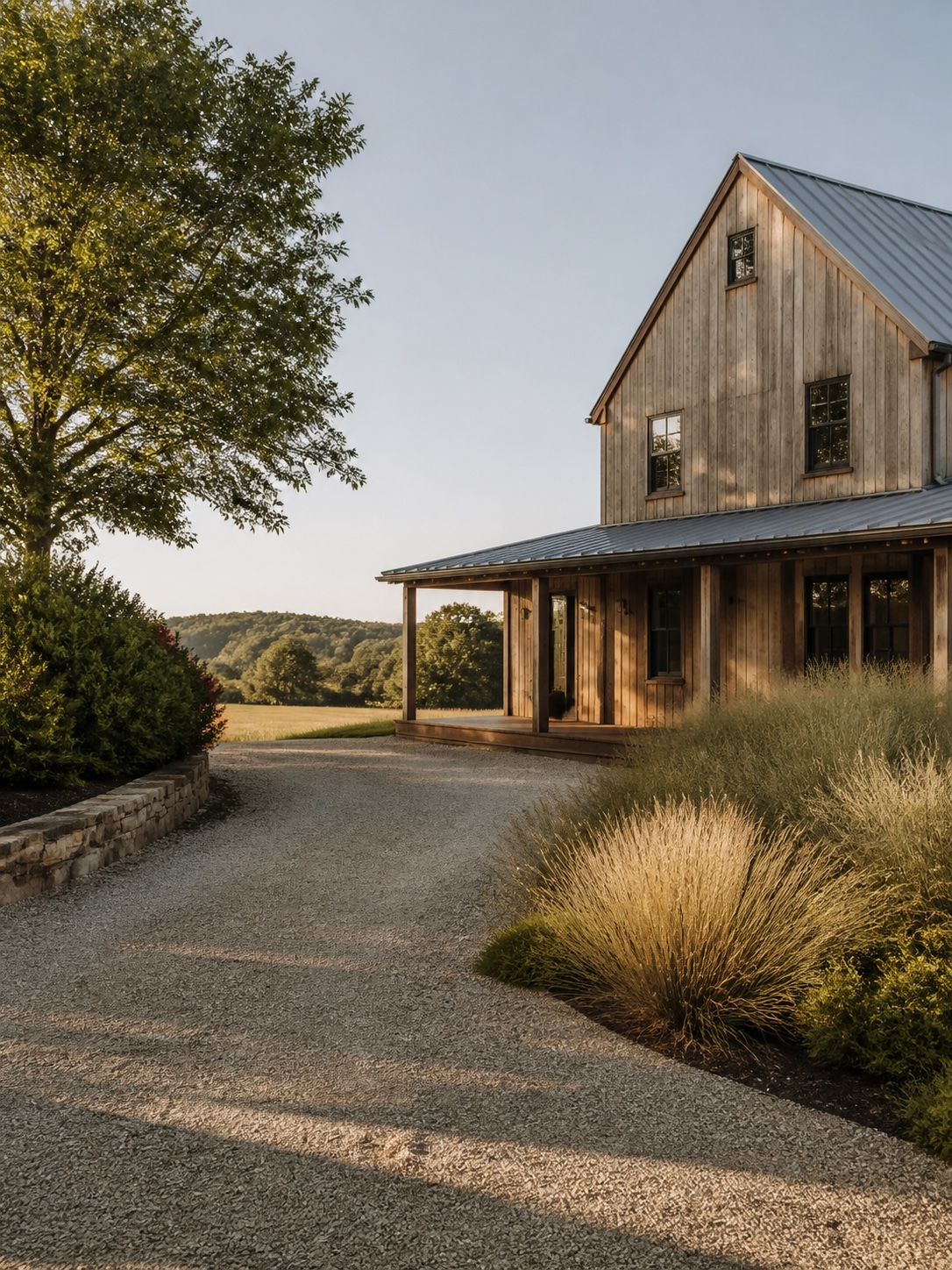Driveway design idea - Farmhouse driveway match natural gravel Rustic farmhouse with a natural gravel driveway leading to a covered porch | Sky Rye Design Rustic farmhouse with a natural gravel driveway leading to a covered porch