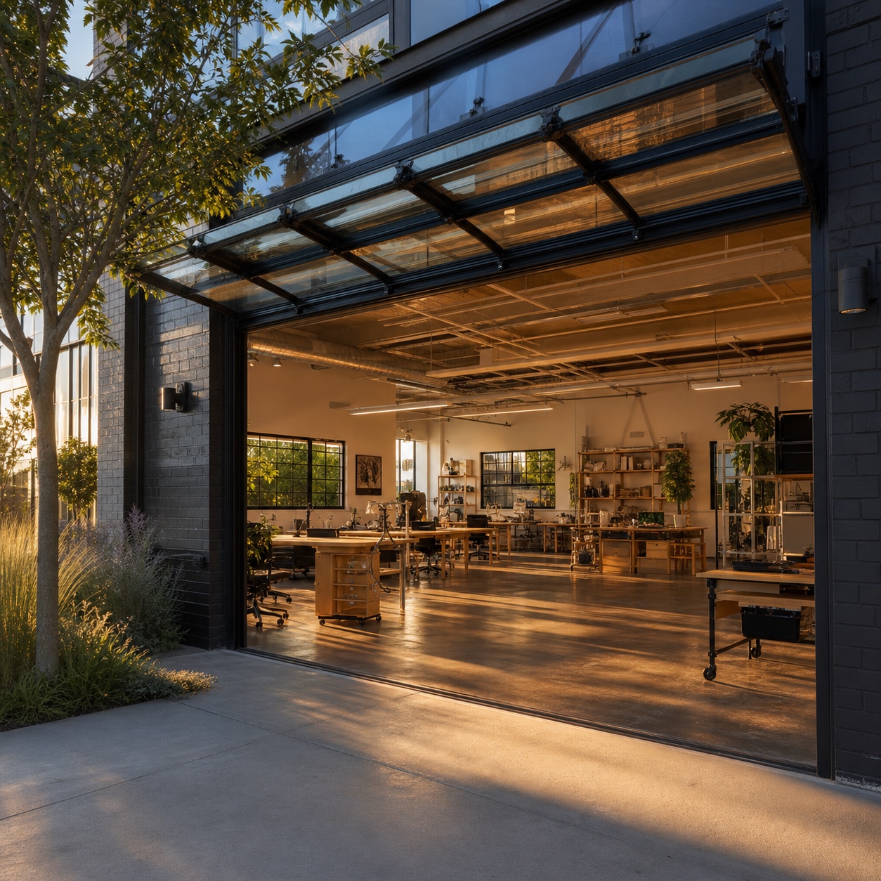 Golden-hour creative workspace behind an open glass garage door golden-hour creative workspace behind an open glass garage door | Sky Rye Design golden-hour creative workspace behind an open glass garage door