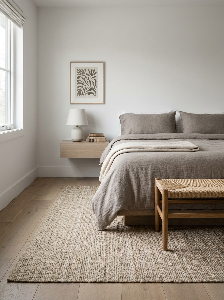 Vacation rental bedroom with durable coastal finishes Guest bedroom with washable linen bedding, sealed wood flooring, and a stain-resistant woven rug. | Sky Rye Design Guest bedroom with washable linen bedding, sealed wood flooring, and a stain-resistant woven rug.