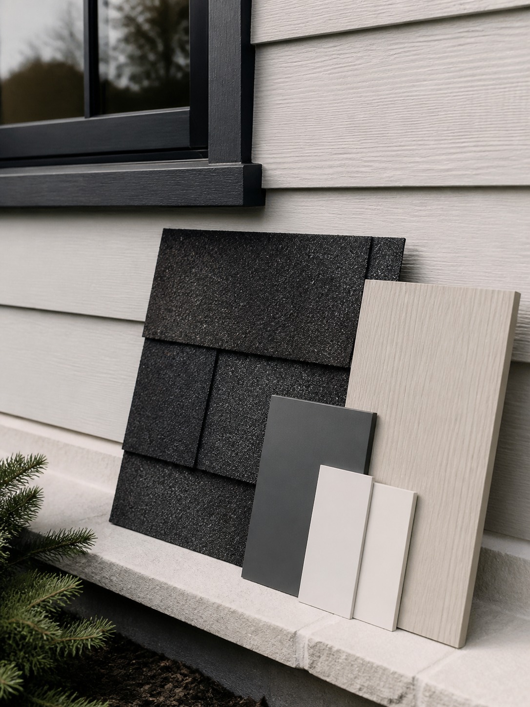 Roof and facade palette planning Roofing shingles, siding swatches, and trim paint chips compared against an exterior wall. | Sky Rye Design Roofing shingles, siding swatches, and trim paint chips compared against an exterior wall.