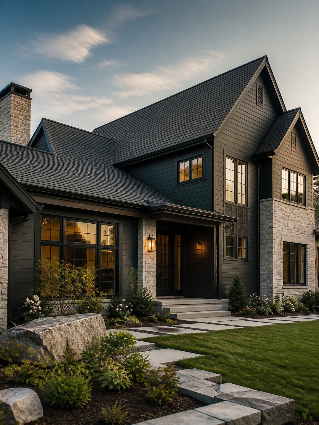 Exterior renovation planning full facade Modern home exterior with coordinated roof, siding, trim, and gutter materials. | Sky Rye Design Modern home exterior with coordinated roof, siding, trim, and gutter materials.