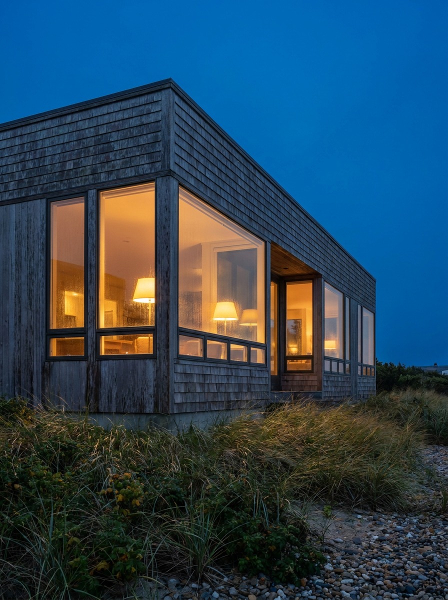 Coastal house at dusk among dune grass with warm light glowing through impact windows Coastal house at dusk among dune grass with warm light glowing through impact windows. | Sky Rye Design Coastal house at dusk among dune grass with warm light glowing through impact windows.