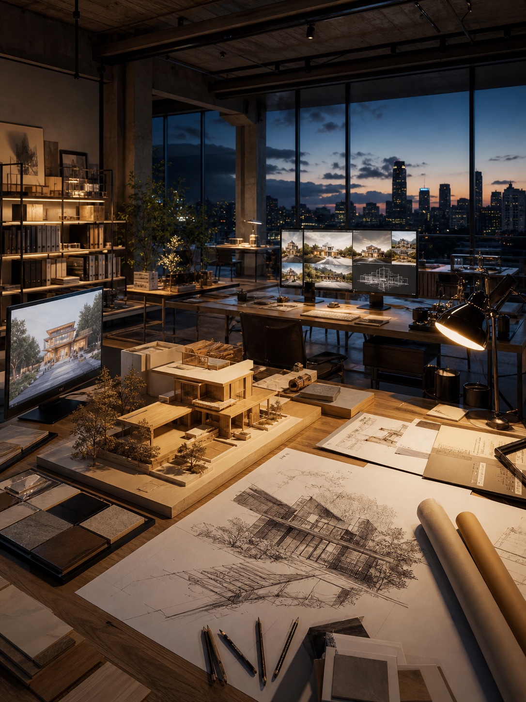 final showcase: studio at dusk, human-AI workflow visible together for an article about artificial intelligence in architecture